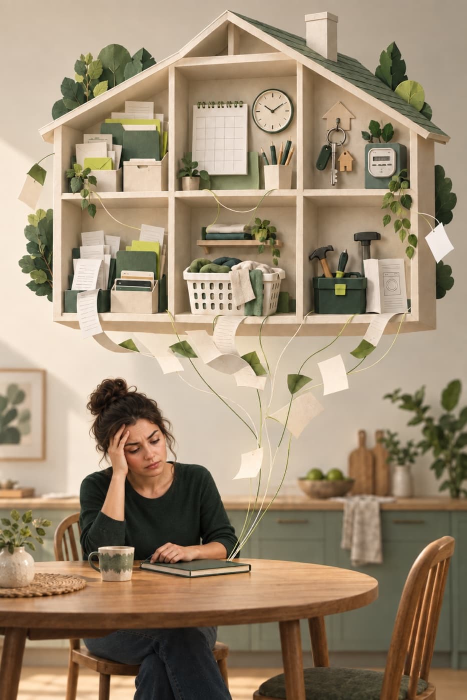 A paper house filled with paperwork, dates and everyday jobs floats above a woman at her kitchen table, illustrating the household details we carry in our heads.