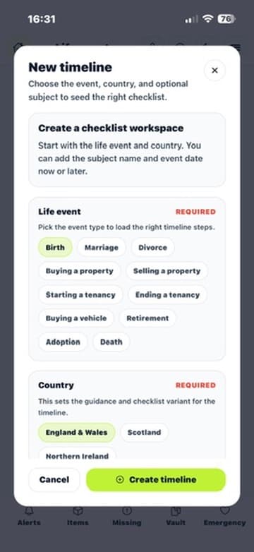 Create a new life event timeline screen