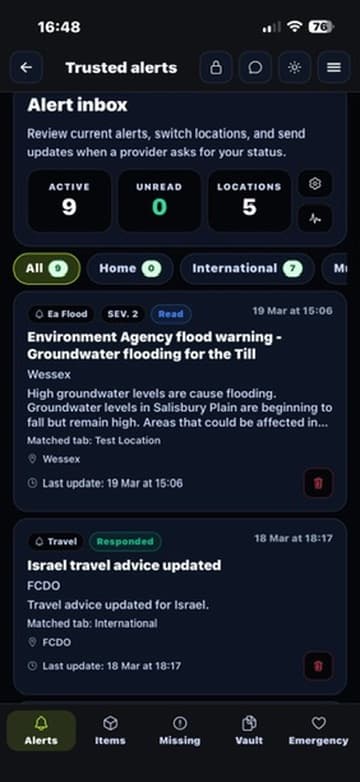 Trusted alerts inbox screen
