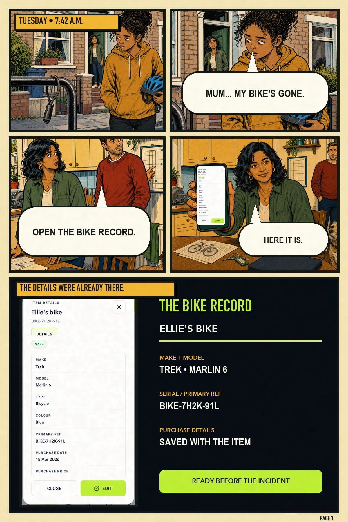 Ellie discovers her bike is missing, and her mum opens the saved bike record with its make, model, serial number and purchase details.