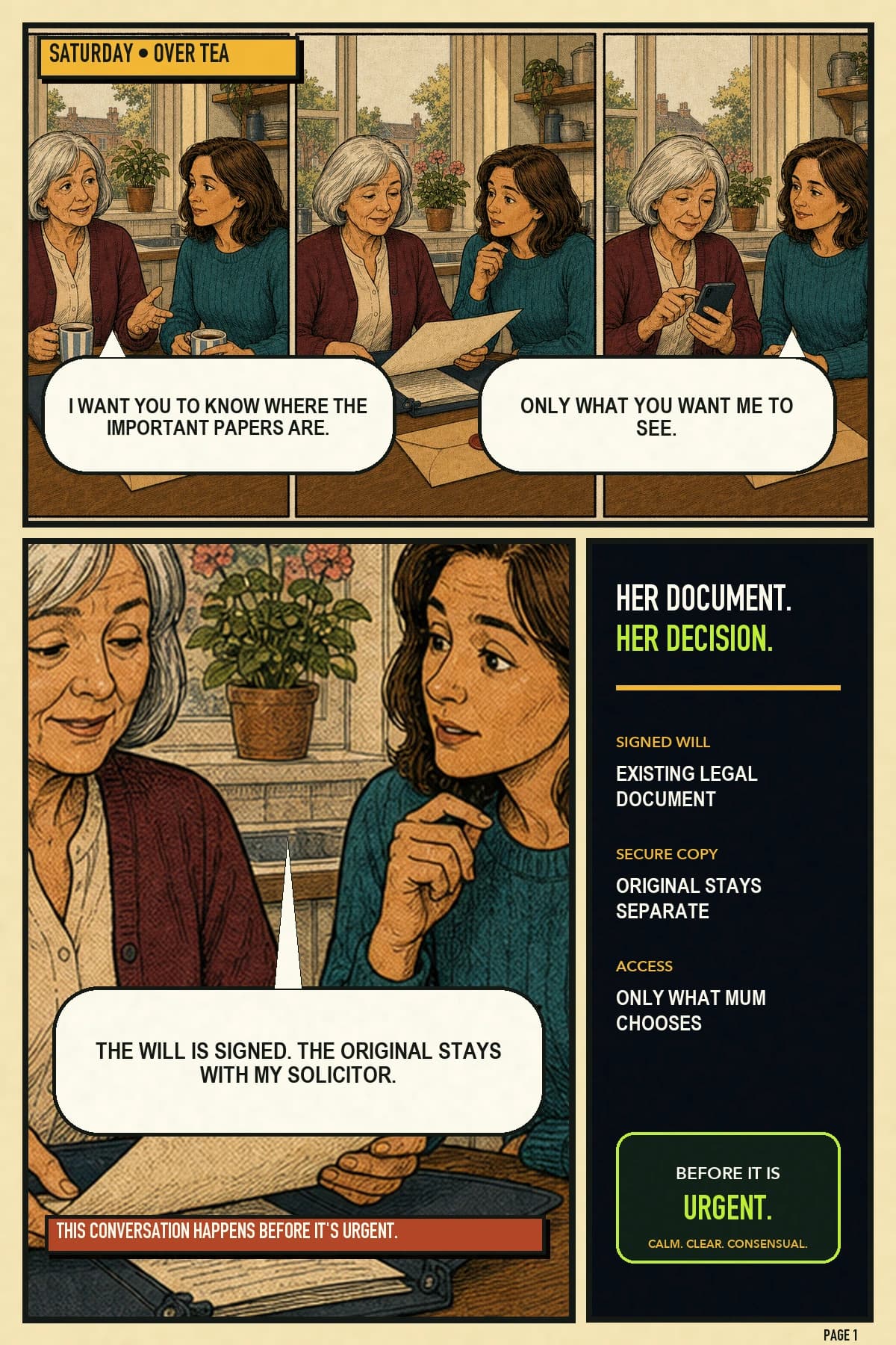 A mother starts a calm conversation with her adult daughter about keeping a secure copy of her signed will while the original remains with her solicitor.